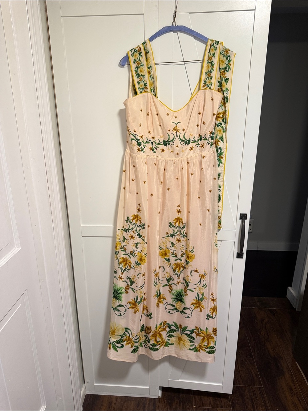 FARM Rio Peach Midi Dress with Green and Yellow Floral Embroidery - Picture 6 of 9